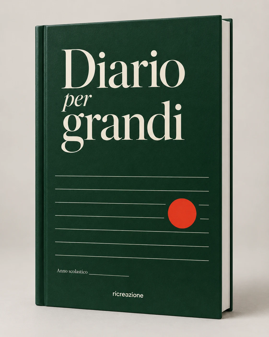 Mockup del Diario per grandi: copertina verde profondo, titolo avorio, righe sottili e pallino rosso, senza autori