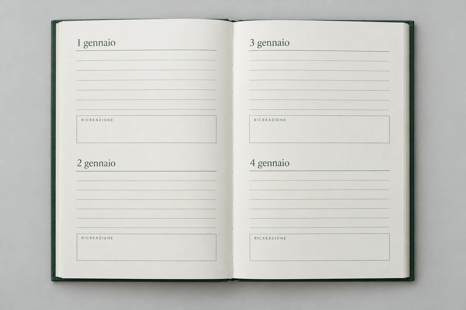 Diario aperto sui giorni 1, 2, 3 e 4 gennaio, senza anno né giorni della settimana, con la casella Ricreazione