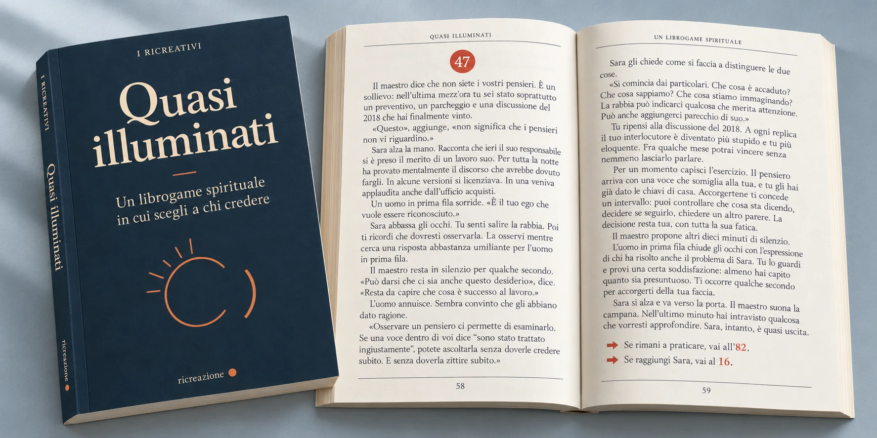 Quasi illuminati, dei Ricreativi: copertina blu notte con un’aureola incompleta, accanto a una doppia pagina di racconto con due scelte numerate