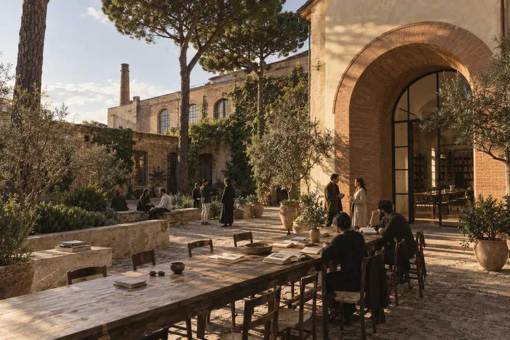 Visione immaginata di un cortile romano con un lungo tavolo comune, alberi e persone in conversazione